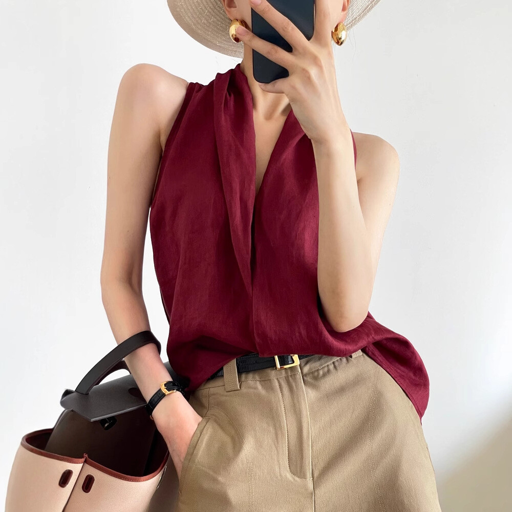 FILA Canotta donna THE ROW temperamento lino spalle scoperte scollo retrò senza maniche