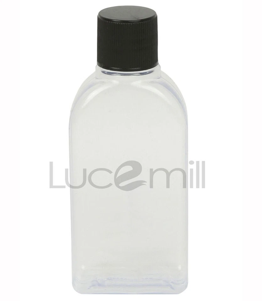 LUCEMILL 50ml Clear Rectangular Plastic Bottles & BLACK Screw Caps - LARGE LETTER POST