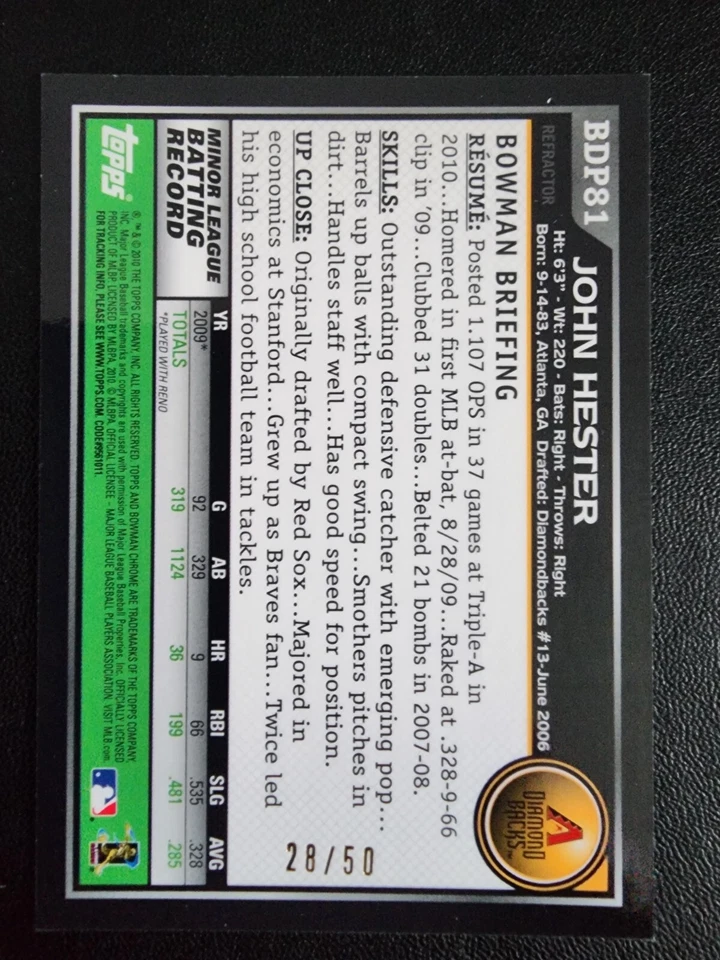 Bowman 2010 inserto cromado John Hester refract #BDP81 Arizona Diamondbacks #28/50 Foto 2 de 2