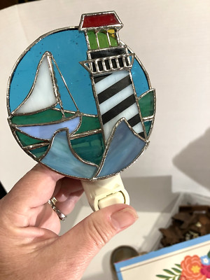 Vtg Nautical Nightlight Stained Glass Lighthouse Boat Ocean Waves