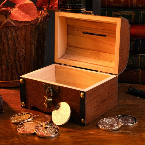 Wood Piggy Bank Wooden Treasure Box Treasure Chest Vintage Treasure Box - 第 3/12 張圖片