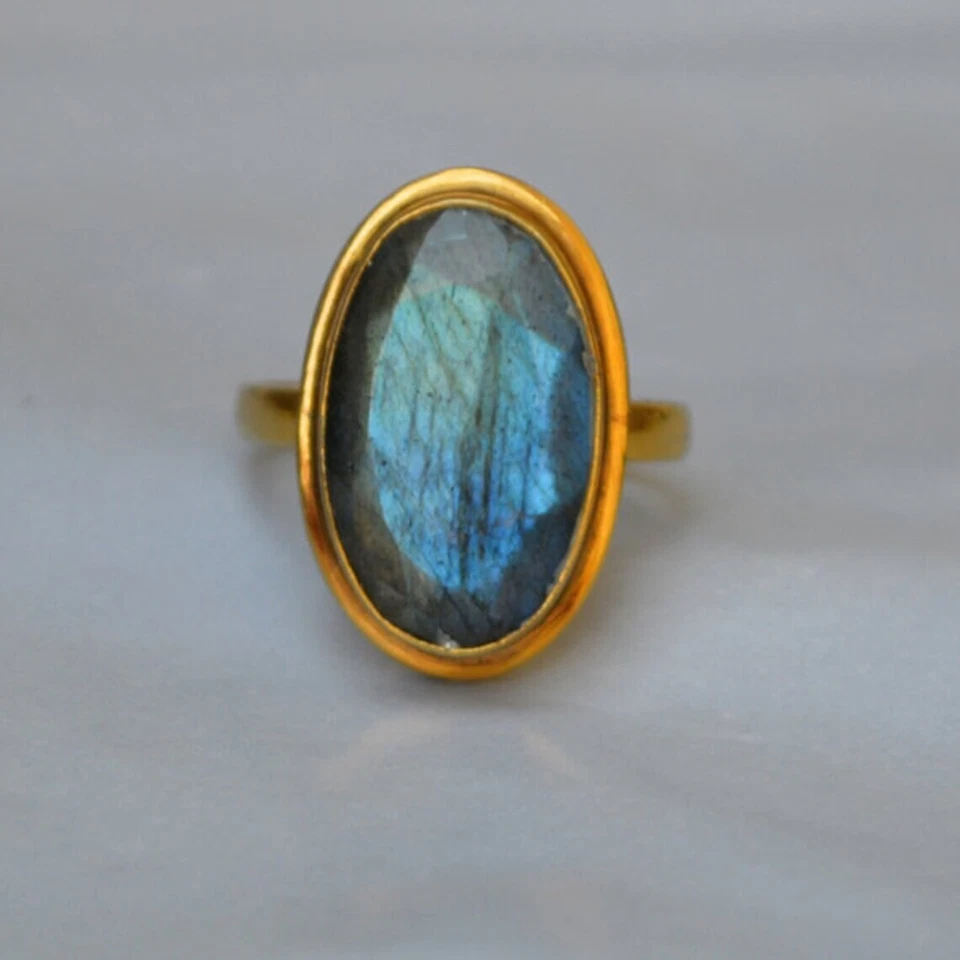 Anillo de labradorita azul facetado, anillo hecho a mano, plata de ley 925, anillo racimo, regalo Foto 2 de 4