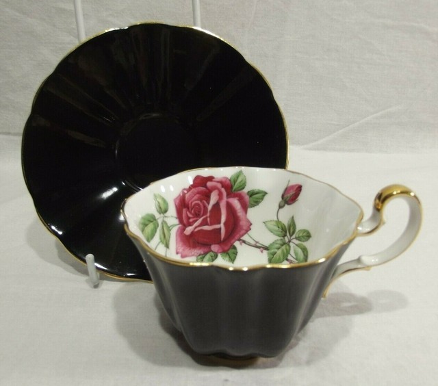 Adderley English Bone China Tea Cup & Saucer Black with Rose eBay