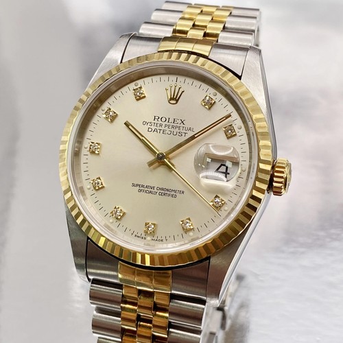 Rolex Datejust 36mm 16233 Jaune Acier Doré Diamant Argent Cadran Automatic Watch - Photo 2 sur 7