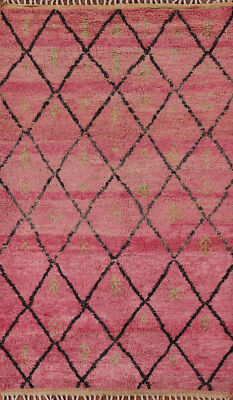 Pink/ Brown Trellis Plush Moroccan Area Rug 5x9 Handmade Wool Carpet