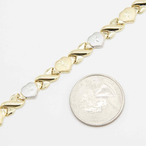 Diamond-Cut Hearts & Kisses Stampato Bracelet Real Satin 10K Yellow White Gold - Picture 5 of 8