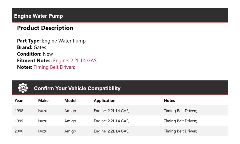 适用于 1998 - 2000 五十铃 Amigo 2.2L L4 燃气发动机水泵门 1999 — 第 2/4 张图片