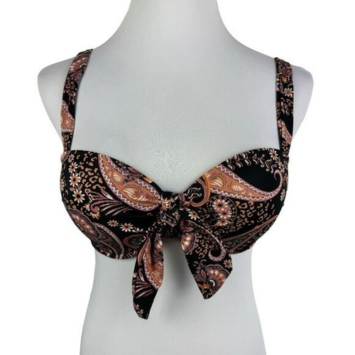 Shade & Shore Floral Paisley Bikini Top Women's 34B Front Knot Black Brown