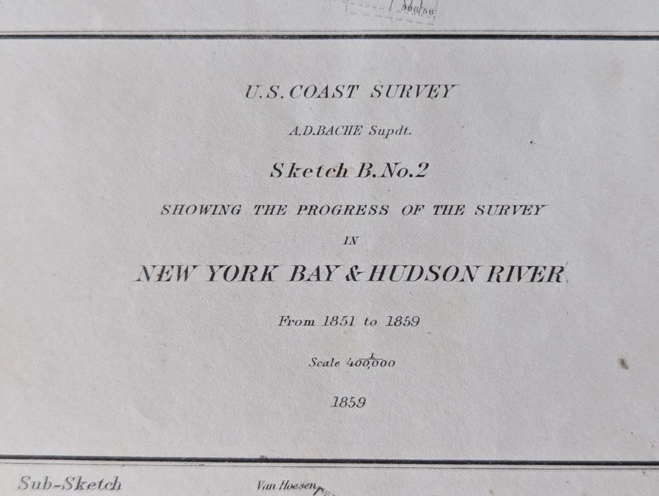 Mapa de levantamiento de la costa de Estados Unidos 1859 Bahía de Nueva York Hudson River Survey Progress A.D. Bache Foto 3 de 4