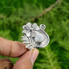 Sterling Silver Rainbow Moonstone Stone Promise Engagement Flower Ring Jewelry