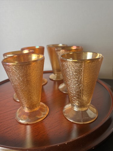 Pitcher and 6 Footed Cups Jeanette Marigold Crackle Carnival Glass Beverage Set - Picture 5 of 17