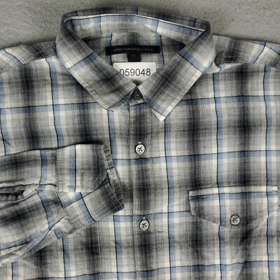 John Varvatos Shirt Mens Size Medium Gray Plaid Two Pocket Button Up Long Sleeve