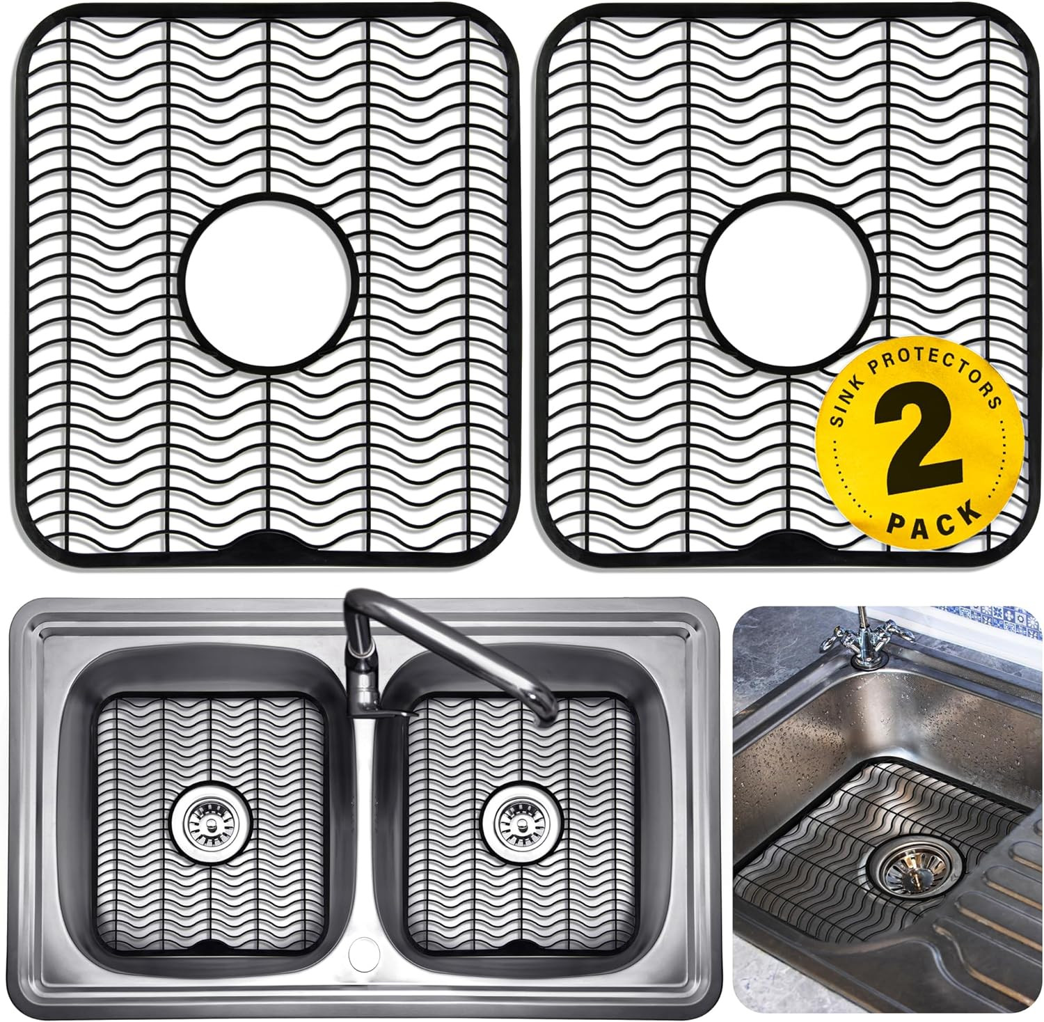 Decorrack 2 Black Sink Protectors for Kitchen, 12" X 11" Dish Rack, Protect Sink