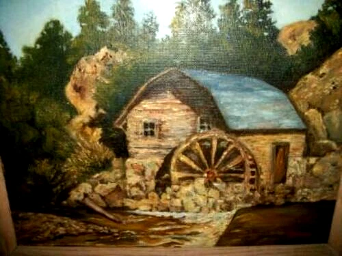 FOLK ART OIL PAINTING MILL HOUSE STREAM LANDSCAPE NAIVE MASONITE CHUNKY OAK VTG - Image 3 of 4