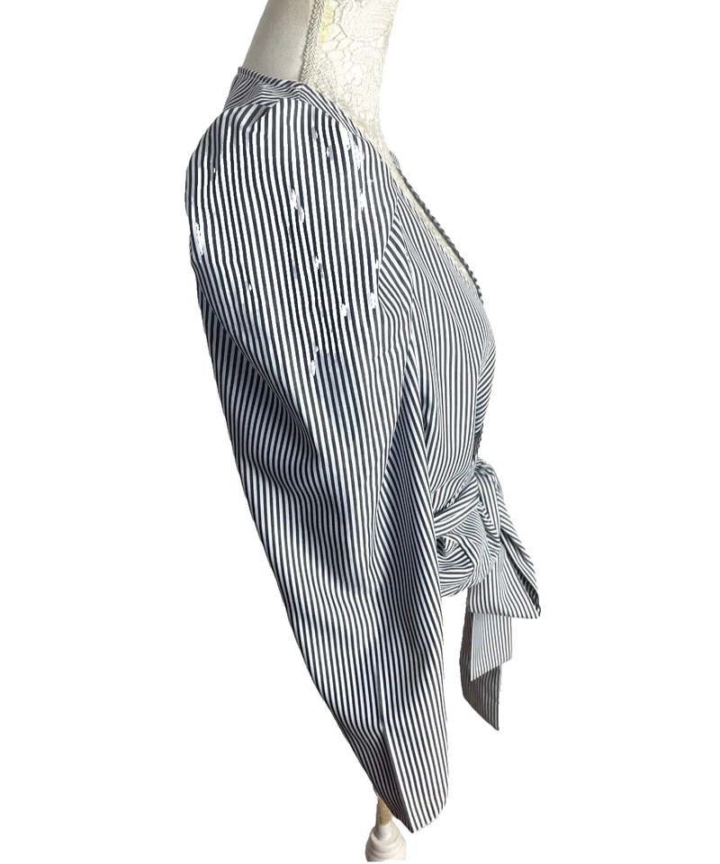 Camisa envolvente a rayas New Look Top manga abullonada corbata delantera para mujer talla 8 del Reino Unido Foto 2 de 4