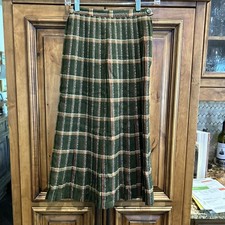 Vtg Alex Colman Pleated Wool Skirt Green Plaid Side Zip 30  Length, 24  Waist