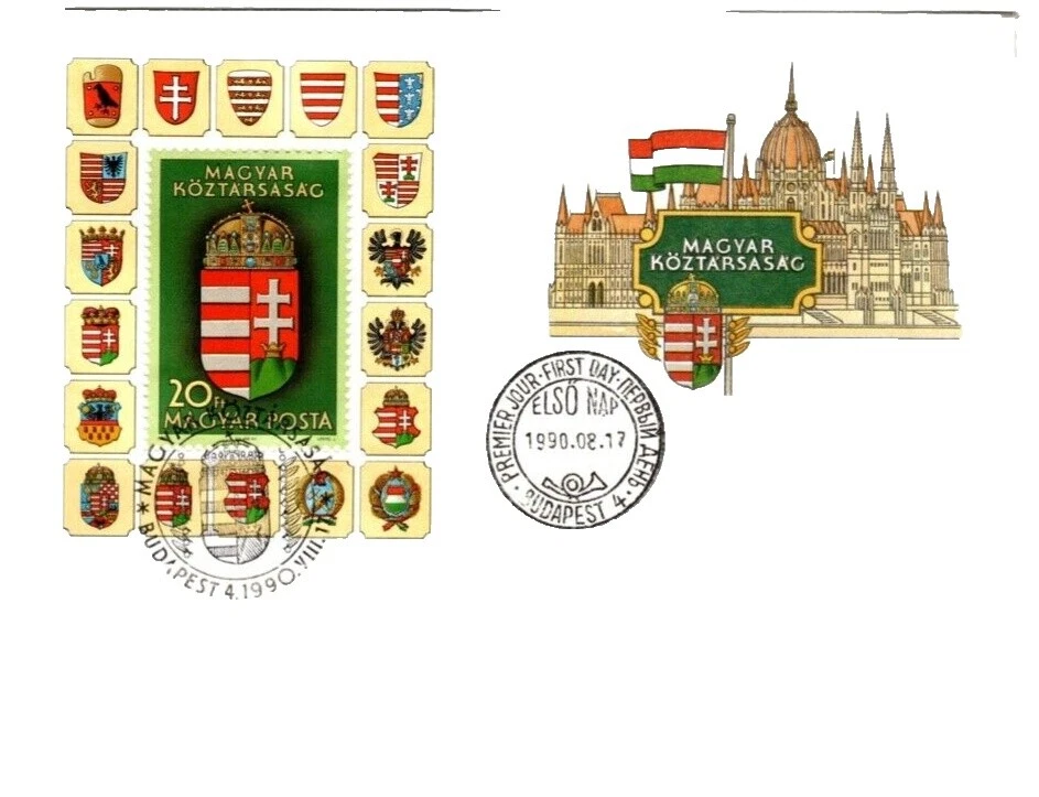 Banderas, emblemas nacionales húngaro sellos sobre de Primer Día