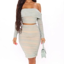Fashion Nova Lucky Him Ruched Skirt Set in Mint, Size M