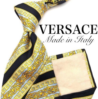 VERSACE Greca Medusa Stripe Necktie 100% Silk Black Gold Light Blue Pre-owned