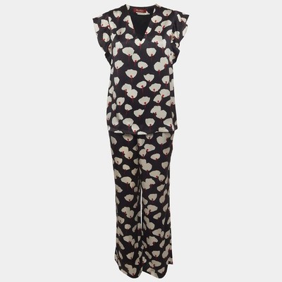 Max Mara Studio Set aus Seidenhose und Top schwarz mit Blumendruck L