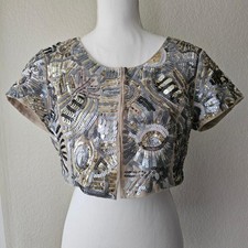 White House Black Market gold and silver sequin cropped bolero jacket Size M