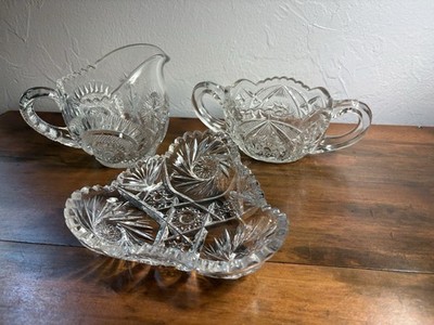 Vintage American Brilliant Cut Glass Sugar Bowl, Creamer Pitcher, And Plate