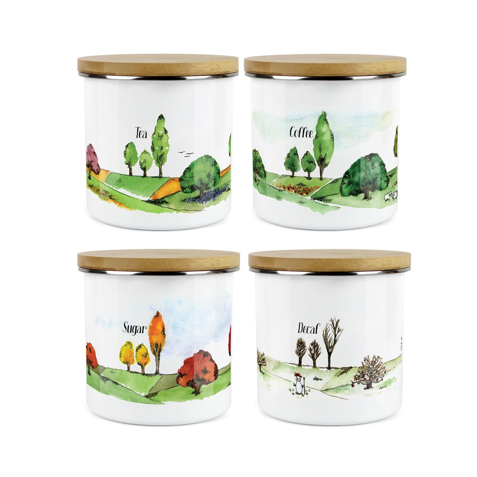 Seasons Inspired Tea, Coffee, Sugar & Decaf Enamel Storage Canisters Set
