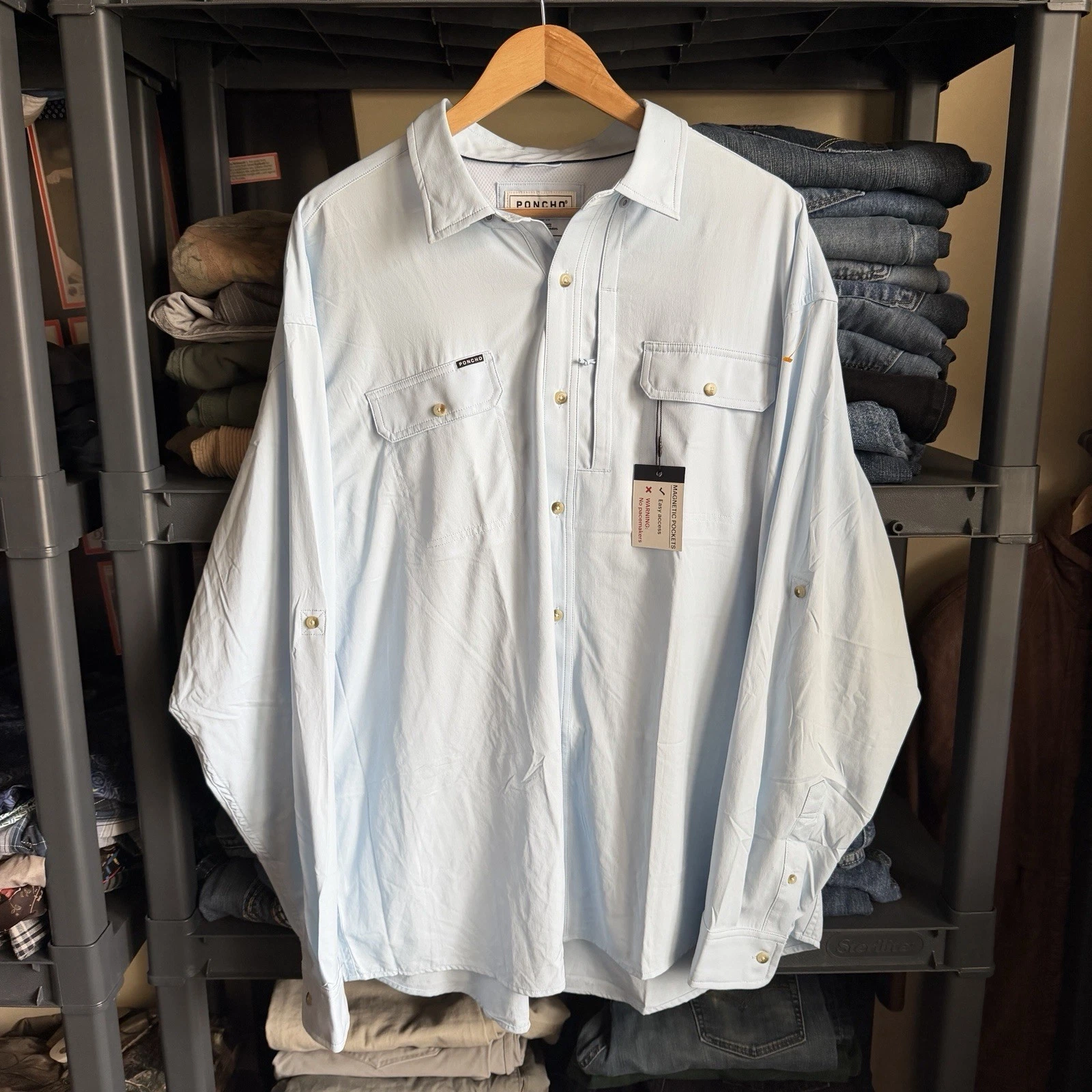 Poncho Men’s Pearl Snap Shirt The Pacifico Long Sleeve Light Blue XXL Regular
