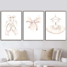 Ballet Dress Bow Wall Art Prints Set of 3 Ballerina Poster Nursery Canvas Pai...