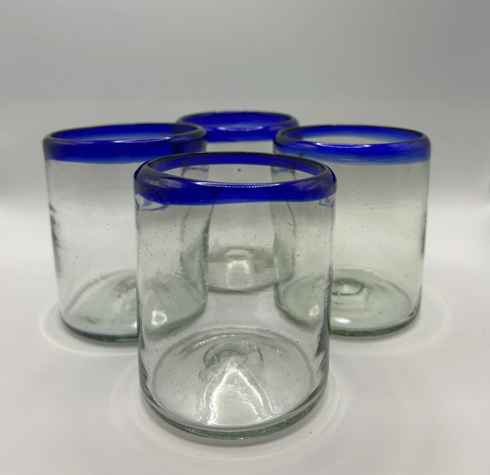 Set Of 4 Mexico Blown Glass Whiskey Double Low Ball Glasses Cobalt Blue Rim - Image 4 of 4
