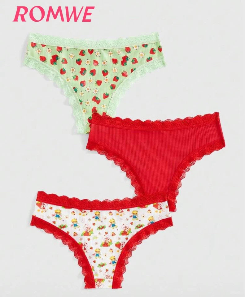 Strawberry Shortcake 3Pc Panty Set y2k Kawaii S, M, L Red Pink Lace Multicolor - Image 2 of 4