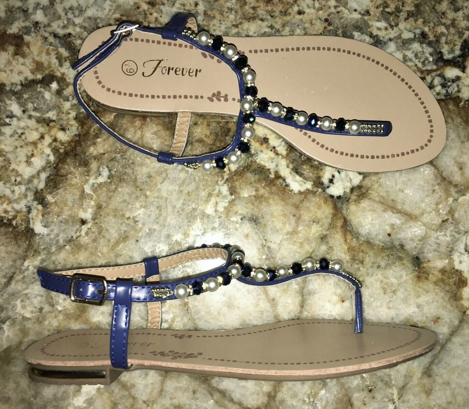Sandalias FOREVER Mariposa azul blanco dorado con cuentas tanga correa en T para mujer talla 6,5 7,5 Foto 3 de 4
