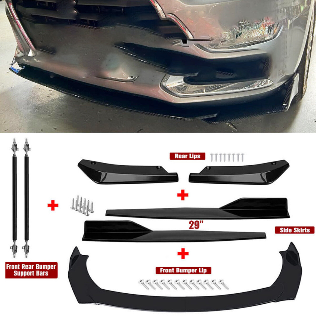 Glossy Black Front Bumper Spoiler Body Kit Side Skirt+Rear Lip For