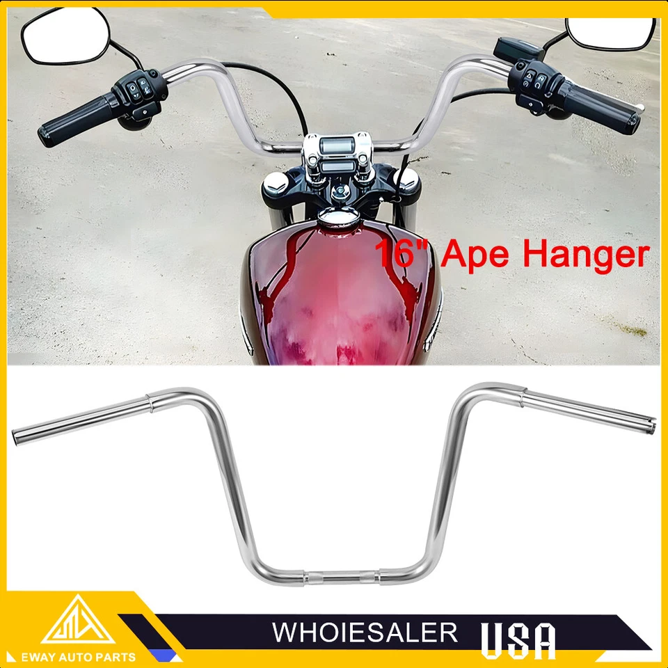DNA Chrome 16" Ape Hanger Bar 1 1/4" Handlebar For Harley Dyna Softail FLRT FLHR - Image 2 of 4