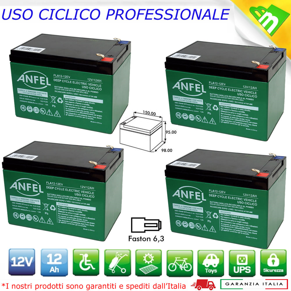 4x BATTERIA RICARICABILE AL PIOMBO 12V 12Ah 6-DZM-12 BICI ELETTRICHE UPS 48V