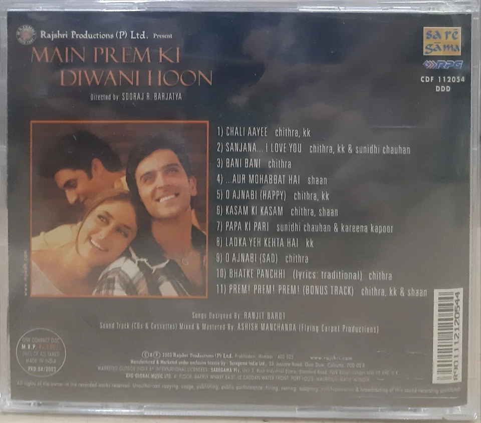 Main Prem Ki Diwani Hoon - Hrithik Roshan - Bollywood Hindi Music CD OST Foto 2 de 2