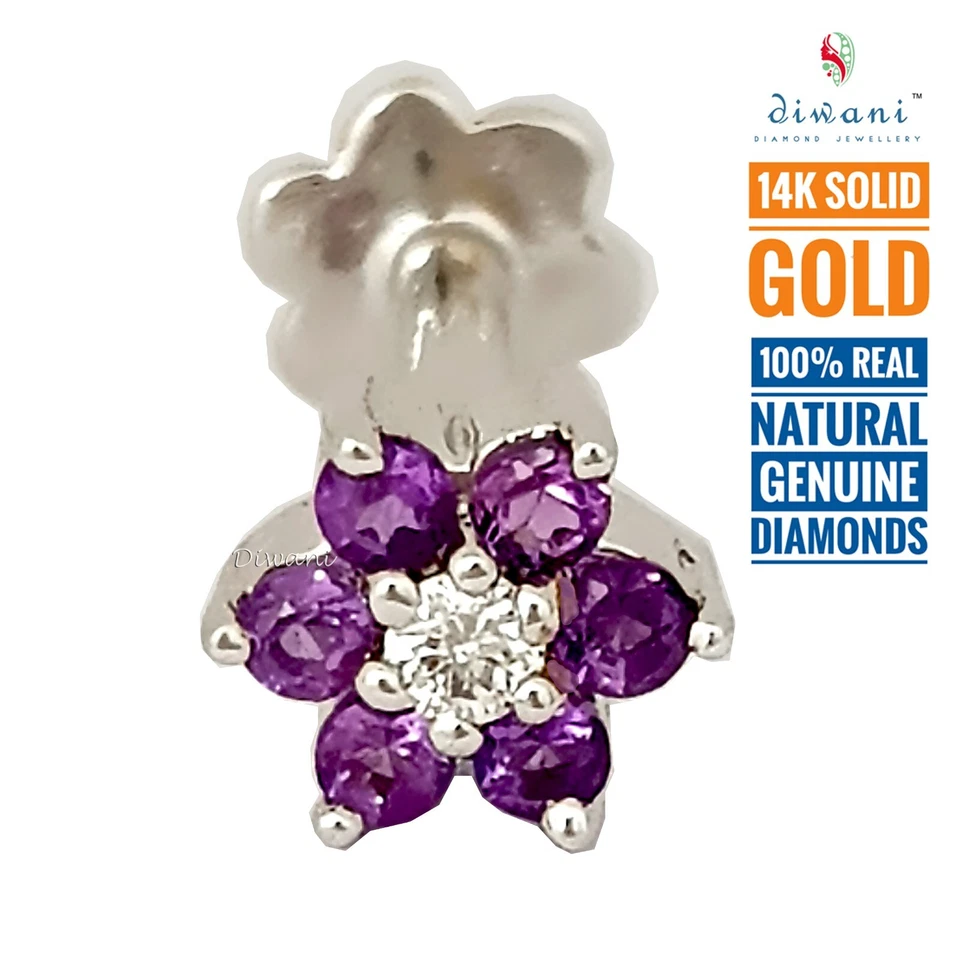 Tornillo perno perno perno labret labio nariz flor diamante natural 1 y 6 piedras preciosas Foto 4 de 4
