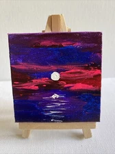 Mini painting on canvas original 3/3 Inches,sunset,sunrise,purple