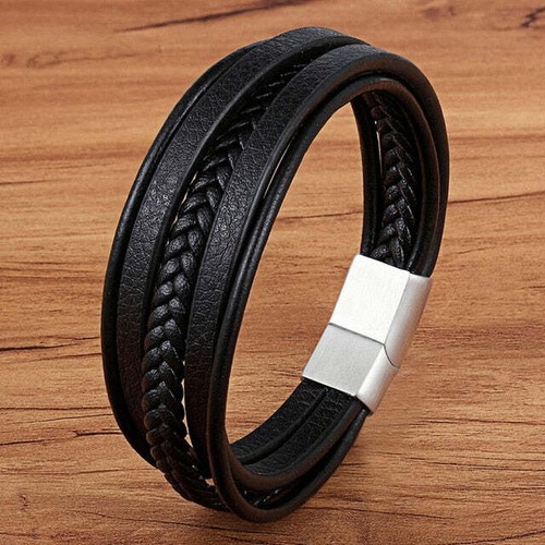 Pulsera de cuero genuino con dije de acero inoxidable de moda - Imagen 3 de 81