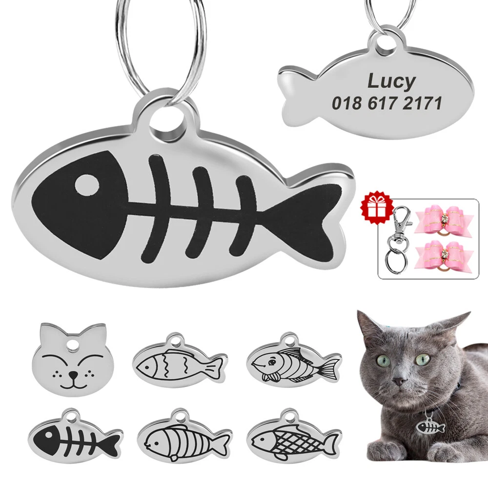 Cat Tags Personalized Pet ID Name Address Engraved Small Fish for
