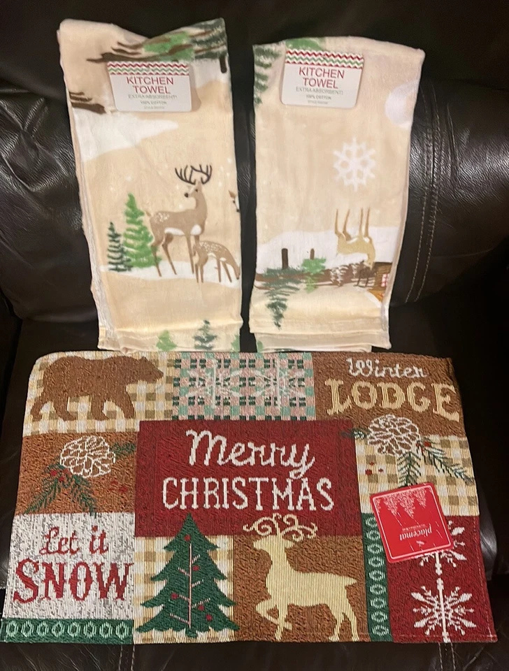 3 Pcs~Reindeer Christmas Theme 1~Placemat Tapestry 13” x 19” & 2 kitchen Towel - Image 2 of 4