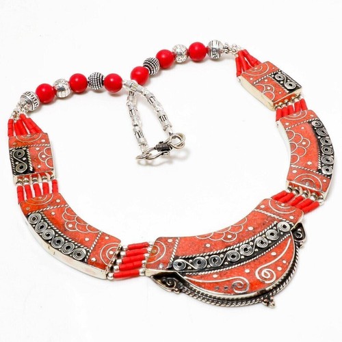 Collier Long 18 Pouces En Perles De Corail Naturel - Fait Main, Argenté, Pierre Ronde Lisse, Neuf