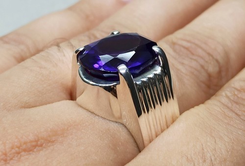 12 Carat Oval Cut Dark Purple Amethyst Sterling Silver 925 Handmade Mens Ring - Picture 12 of 12