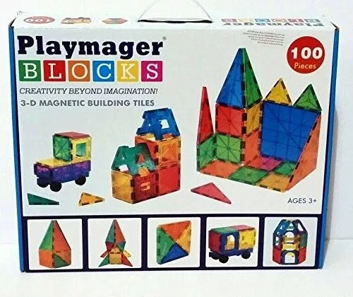 Playmager Magnetic Building Tiles 100 Piece Set Educational Toy Magnet Building