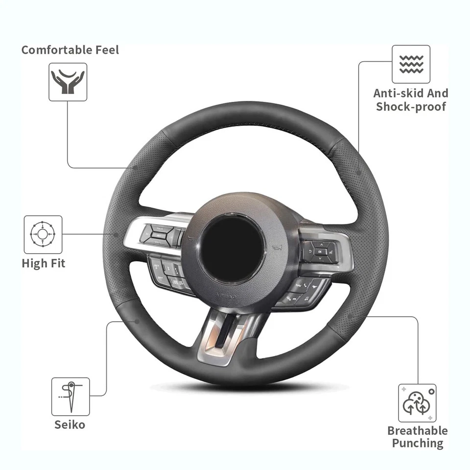 Cubierta del volante para Ford Mustang GT 2015-2020 costura a mano envoltura de cuero Foto 2 de 4