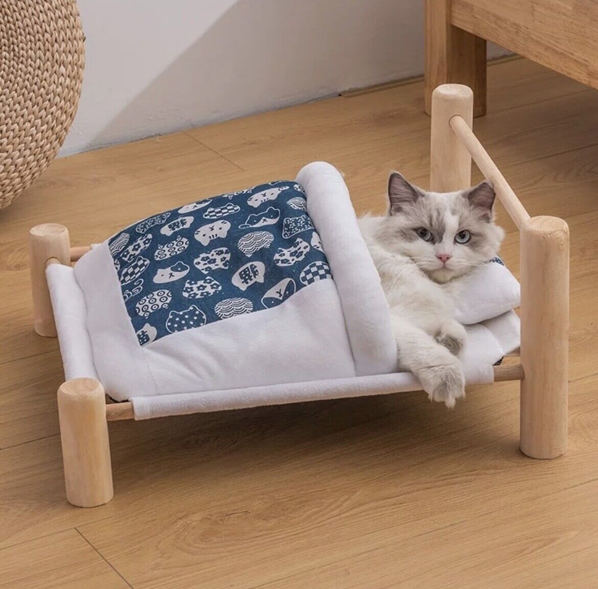 Cute Wooden Bed for Cats with blanket, pillow, toy cotton ball