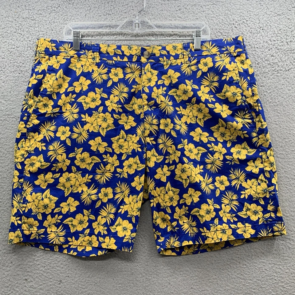 Club Room 男式花卉图案 9 英寸内缝拉短裤海军蓝黄色 38W 码 — 第 2/4 张图片