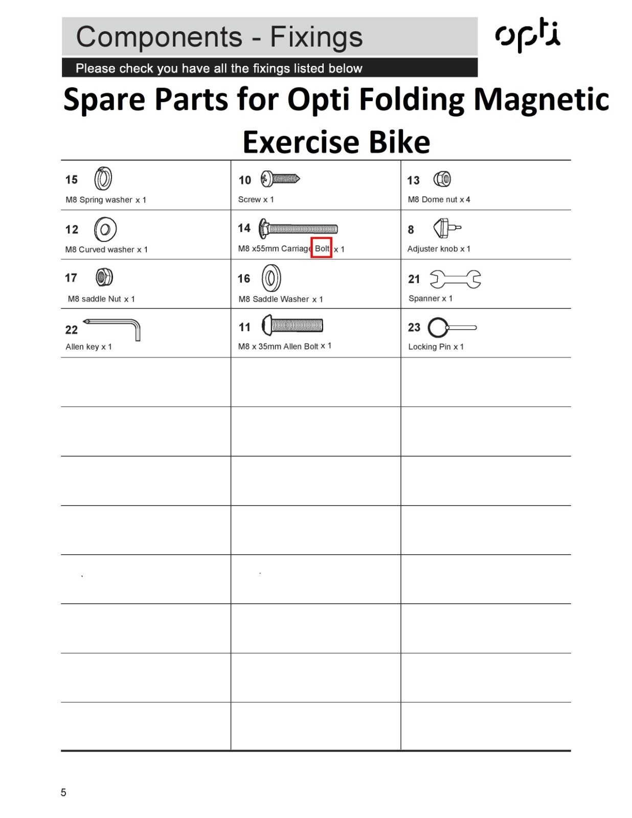 Spare Parts for Opti Folding Exercise Bike 3990. eBay
