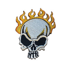 Biker Iron On Patch Badge / Sew On Jeans Jacket Embroidered Flaming Fire Skull