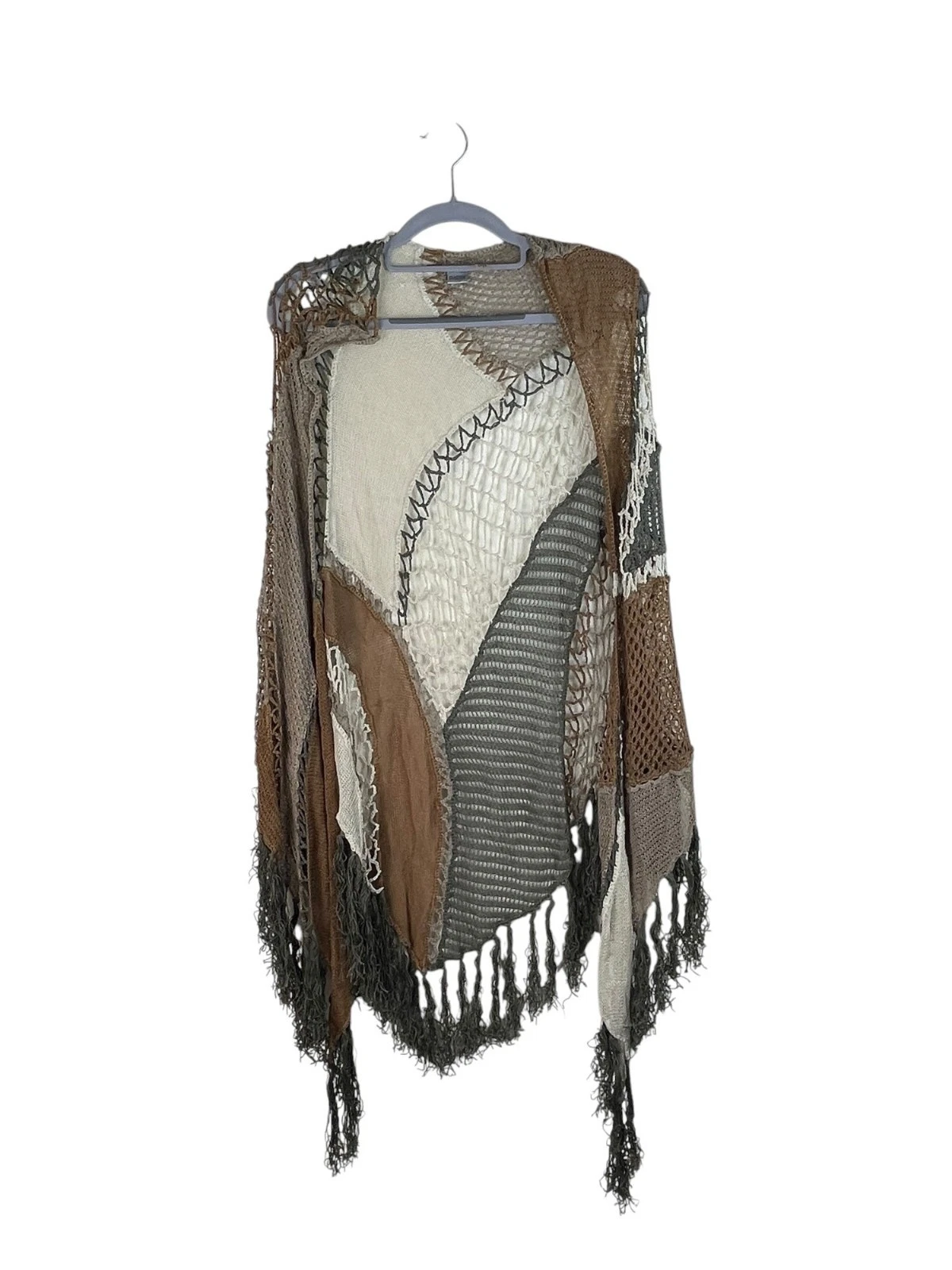 Chicos Boho Patchwork Knit Fringe Poncho One Size Neutral Tones Rayon Blend Wome